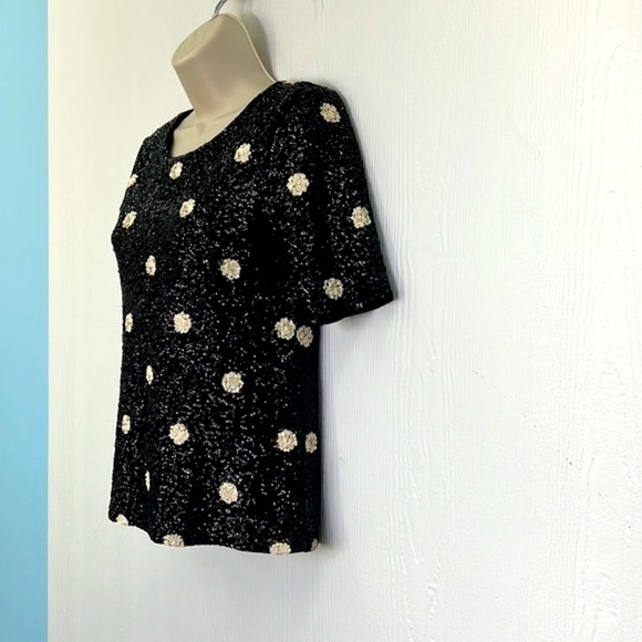J Crew - Vintage Black And Cream Polka Dot Sequin Short Sleeve Top Size XS - Picture 6 of 11